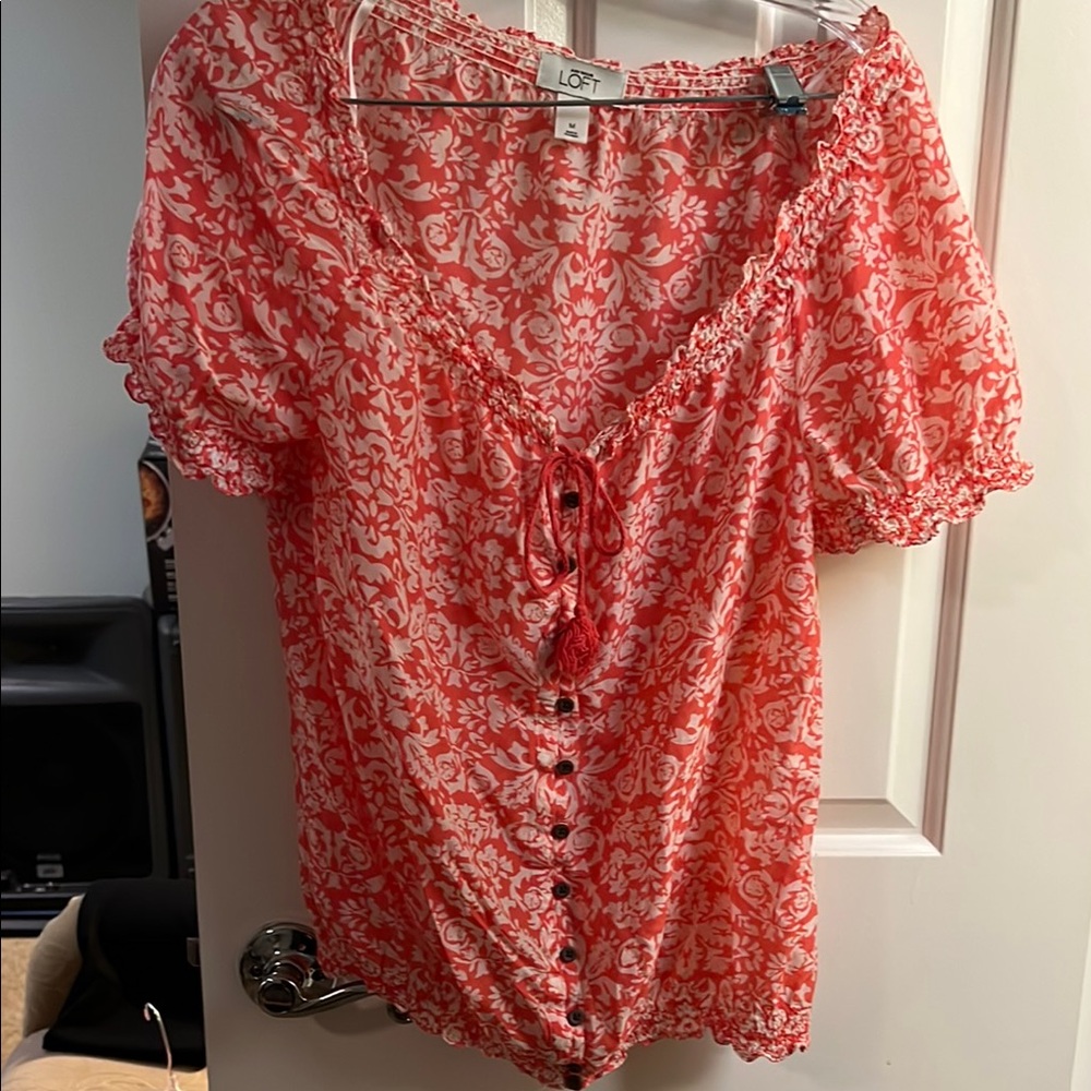 LOFT Coral Floral Blouse with Button Detail